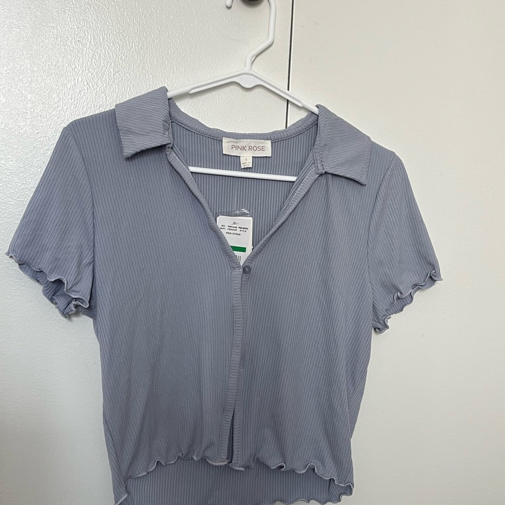 Pink Rose Blue Notched Collar Crop Top